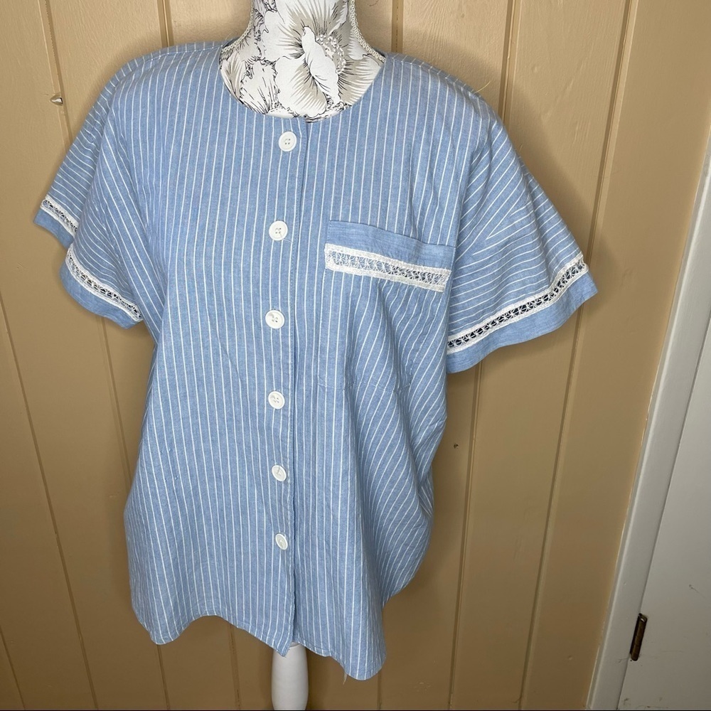 California Girl Vintage Button Down Top short sleeve Blue White Stripe USA Sz 14